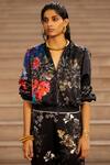 Buy_AK-OK_Black Silk Embroidery Mandarin Collar Floral Print Bomber Jacket _Online_at_Aza_Fashions