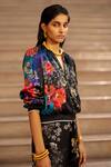 Shop_AK-OK_Black Silk Embroidery Mandarin Collar Floral Print Bomber Jacket _Online_at_Aza_Fashions
