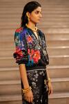 AK-OK_Black Silk Embroidery Mandarin Collar Floral Print Bomber Jacket _at_Aza_Fashions