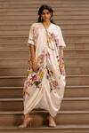 Buy_AK-OK_Cream Silk Blossom Print Drawstring Kaftan _at_Aza_Fashions