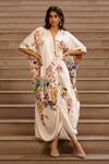 Shop_AK-OK_Cream Silk Blossom Print Drawstring Kaftan _Online_at_Aza_Fashions