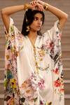 AK-OK_Cream Silk Blossom Print Drawstring Kaftan _at_Aza_Fashions