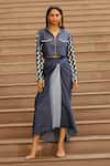 Buy_AK-OK_Blue Denim Printed Geometric Spread Sleeve Jacket And Knotted Skirt Set  _at_Aza_Fashions