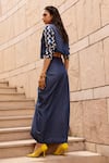 Shop_AK-OK_Blue Denim Printed Geometric Spread Sleeve Jacket And Knotted Skirt Set  _at_Aza_Fashions