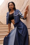 AK-OK_Blue Denim Printed Geometric Spread Sleeve Jacket And Knotted Skirt Set  _Online_at_Aza_Fashions