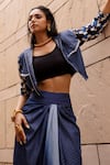 Shop_AK-OK_Blue Denim Printed Geometric Spread Sleeve Jacket And Knotted Skirt Set  _Online_at_Aza_Fashions