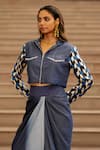 AK-OK_Blue Denim Printed Geometric Spread Sleeve Jacket And Knotted Skirt Set  _at_Aza_Fashions