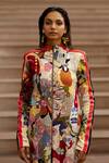 AK-OK_Multi Color Cotton Printed Abstract Band Collar Thread Embroidered Jacket _at_Aza_Fashions