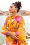 Ruhr India_Yellow Saree Silk Organza Printed Botanical Round Neck And Blouse Set _Online_at_Aza_Fashions