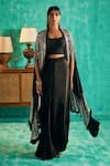 Buy_Shian_Black Crepe Embroidered Crystal Hand Asymmetric Cape Lehenga Set  _at_Aza_Fashions