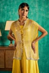 Shian_Yellow Georgette Hand Embellished Cape Kalidaar Sharara Set  _Online_at_Aza_Fashions