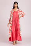 Buy_Tanu Malhotra_Peach Cotton Silk Printed Floral Round Tiered Dress With Jacket  _at_Aza_Fashions