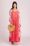 Tanu Malhotra_Peach Cotton Silk Printed Floral Round Tiered Dress With Jacket  _at_Aza_Fashions