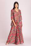 Buy_Tanu Malhotra_Brown Cotton Silk Digital Printed Floral V Neck Tunic And Pant Set _at_Aza_Fashions