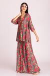Tanu Malhotra_Brown Cotton Silk Digital Printed Floral V Neck Tunic And Pant Set _at_Aza_Fashions