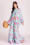 Tanu Malhotra_Blue Cotton, Silk Sequins, Beads Round Neck Floral Digital Print Cape Pant Set_at_Aza_Fashions