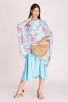 Tanu Malhotra_Blue Cotton Silk Digital Printed Floral Round Cape With Dress  _at_Aza_Fashions