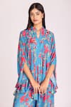 Tanu Malhotra_Blue Cotton Silk Digital Printed Polka Dots Floral Asymmetric Top And Pant Set _Online_at_Aza_Fashions