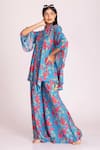 Tanu Malhotra_Blue Cotton Silk Digital Printed Polka Dots Floral Asymmetric Top And Pant Set _at_Aza_Fashions