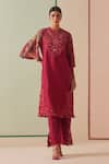 Buy_Chandrima_Fuchsia Chanderi Embroidered Beads Round Kurta And Straight Pant Set _at_Aza_Fashions