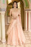 Buy_Surbhi Shah_Peach Pure Satin Organza Embroidered Floral Gota Embellished Bridal Lehenga Set _at_Aza_Fashions