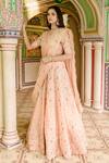 Shop_Surbhi Shah_Peach Pure Satin Organza Embroidered Floral Gota Embellished Bridal Lehenga Set 