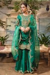 Buy_Surbhi Shah_Emerald Green Pure Spun Silk Hand Embroidered Marodi And Resham Kurta Sharara Set _at_Aza_Fashions