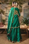 Shop_Surbhi Shah_Emerald Green Pure Spun Silk Hand Embroidered Marodi And Resham Kurta Sharara Set _at_Aza_Fashions