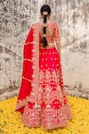 Shop_Surbhi Shah_Red Pure Silk Hand Embroidered Marodi Applique And Gota Work V Bridal Lehenga Set _at_Aza_Fashions