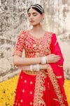 Shop_Surbhi Shah_Red Pure Silk Hand Embroidered Marodi Applique And Gota Work V Bridal Lehenga Set _Online_at_Aza_Fashions