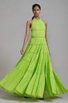 Buy_MATI_Green 100% Cotton Plain Band Collar Multi Tiered Backless Gown _at_Aza_Fashions