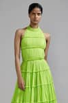 MATI_Green 100% Cotton Plain Band Collar Multi Tiered Backless Gown _Online_at_Aza_Fashions