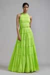 Buy_MATI_Green 100% Cotton Plain Band Collar Multi Tiered Backless Gown _Online_at_Aza_Fashions