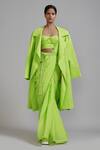 Buy_MATI_Green 100% Cotton Plain Notched Fringed Border Saree Set With Trench Jacket _at_Aza_Fashions