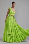 MATI_Green 100% Cotton Plain Sweetheart Tiered Fringed Lehenga Set _at_Aza_Fashions