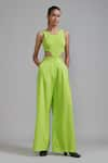 Buy_MATI_Green 100% Cotton Plain Long Pleated Trouser _at_Aza_Fashions