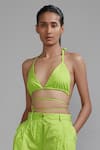 MATI_Green 100% Cotton Plain Plunged V Neck Overlap Bralette And Shorts Set _Online_at_Aza_Fashions