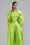 MATI_Green 100% Cotton Plain Notched Lapel Trench Jacket And Pant Set _Online_at_Aza_Fashions