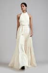 Buy_MATI_Off White 100% Cotton Plain Band Collar Multi Tiered Backless Gown _at_Aza_Fashions