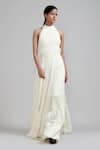 MATI_Off White 100% Cotton Plain Band Collar Multi Tiered Backless Gown _Online_at_Aza_Fashions