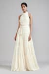 Buy_MATI_Off White 100% Cotton Plain Band Collar Multi Tiered Backless Gown _Online_at_Aza_Fashions