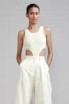 MATI_Off White 100% Cotton Plain Round Smocked Bodysuit And Trouser Set _Online_at_Aza_Fashions