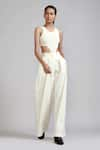 Shop_MATI_Off White 100% Cotton Plain Round Smocked Bodysuit And Trouser Set _Online_at_Aza_Fashions