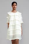 MATI_Off White 100% Cotton Plain Round Tiered Fringe Dress _Online_at_Aza_Fashions