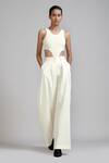 Buy_MATI_Off White 100% Cotton Plain Long Pleated Trouser _at_Aza_Fashions