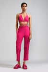 Buy_MATI_Pink 100% Cotton Plain Halter Neck Wrap Tie-up Bralette And Pant Set _at_Aza_Fashions