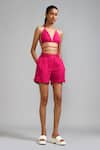 Buy_MATI_Pink 100% Cotton Plain Halter Neck Wrap Tie-up Bralette And Shorts Set _at_Aza_Fashions