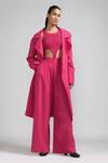 MATI_Pink 100% Cotton Plain Jacket Notched Collar Trench Pant Set _Online_at_Aza_Fashions