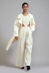 Buy_MATI_Off White 100% Cotton Jacket Lapel Collar Trench And Trouser Set _Online_at_Aza_Fashions