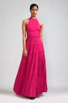 Buy_MATI_Pink 100% Cotton Band Backless Tiered Gown _at_Aza_Fashions